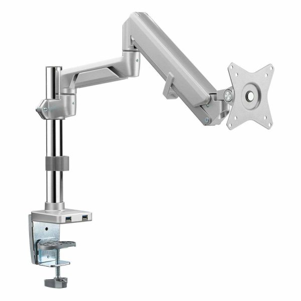W&E GU70-series Premiums Gas Spring 17″-32″ LCD Single Monitor Arm Pole w/ Quick-release VESA, 90° Rotation Stop, USB3 Ports | Silver