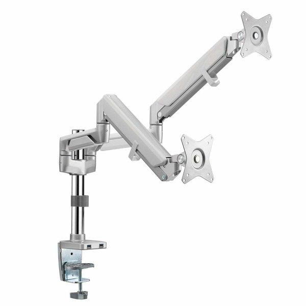 W&E GU70-series Premiums Gas Spring 17″-32″ LCD Dual Monitor Arm Pole w/ Quick-release VESA, 90° Rotation Stop, USB3 Ports | Silver