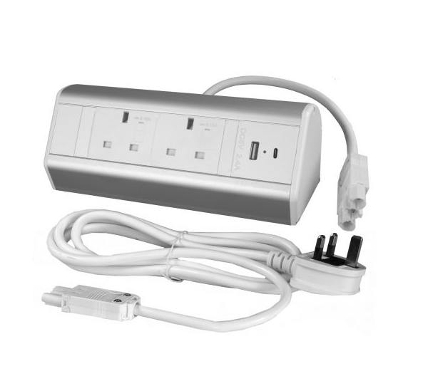 DP14S2UACW PBlock Desk Power 2-Fused Sockets, USB A+C, 2m Start Lead
